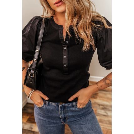 Black Ribbed Patchwork Puff Sleeve Half Button Placket Slim Fit Top