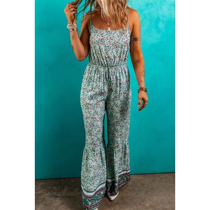 Green Bohemian Floral Ruffle Bottom Spaghetti Strap Jumpsuit