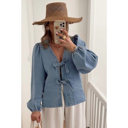 Dusk Blue Tied Front Long Puff Sleeve Denim Top
