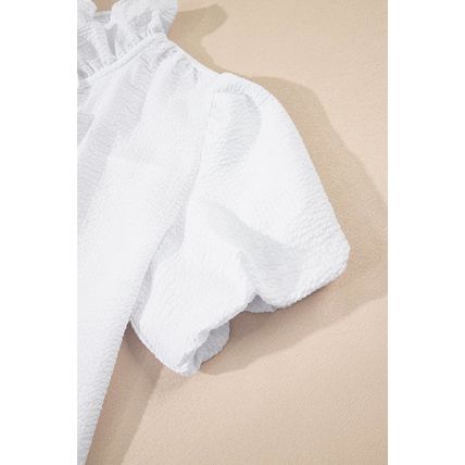 White Striped Ruffle Short Bubble Sleeve Shirt