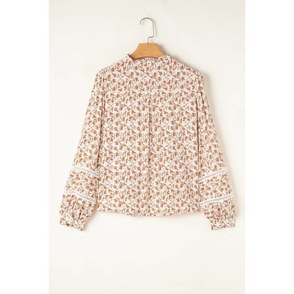 Khaki Printed Lace Detail Floral Puff Sleeve Fall Shirt