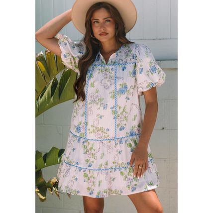 Pink Floral Striped Print Contrast Trim Tie Split Neck Mini Dress