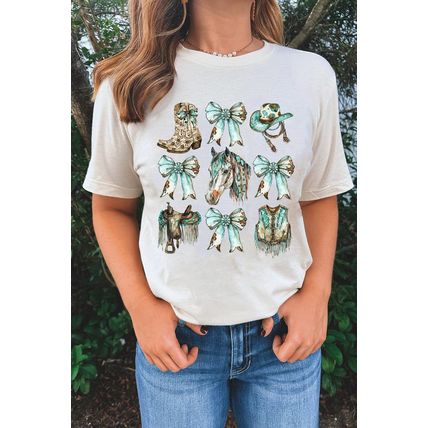 White Horse Bowknot Cowgirl Fashion Print Crewneck Tee
