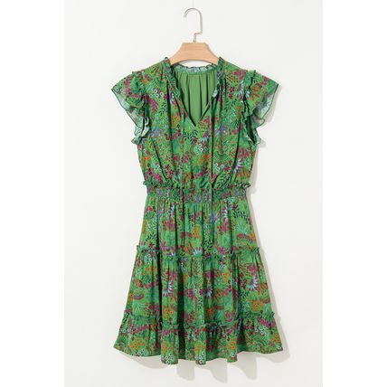 Green Floral Tie Split Neck Frilly Ruffle Trim Tiered Short Dress