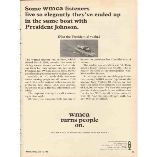 wmca 1965 nyc radio 570 turns people on free tax info vintage ad