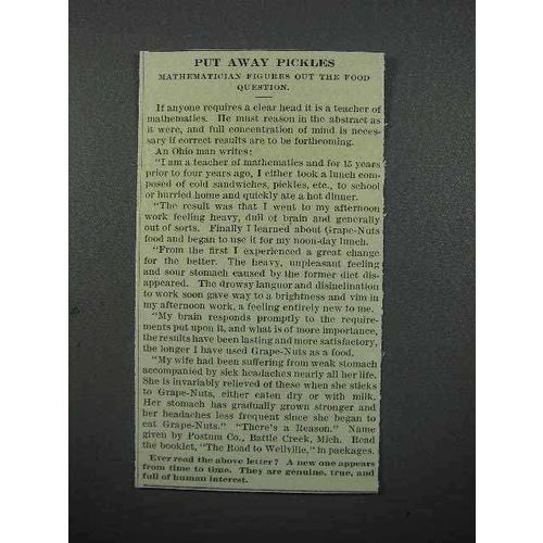 1913 Postum Grape-Nuts Cereal Ad - Put Away Pickles