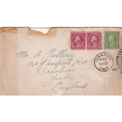 United States 1931 San Mateo CAL-Scarborough UK Cover San Mateo cancel written