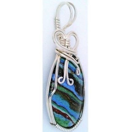 Rainbow CalSilica Sterling Silver Wire Wrap Gemstone Pendant 44