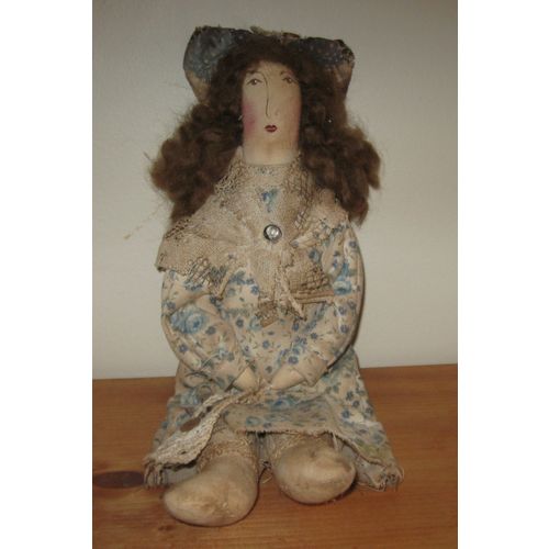 Handmade "Lady" Doll with Painted Face, Doll Hair, Hat, Shawl & Purse