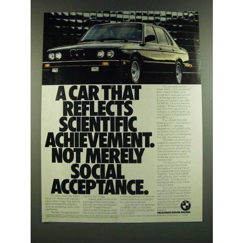 1986 BMW 528e Car Ad - Reflects Scientific Achievement
