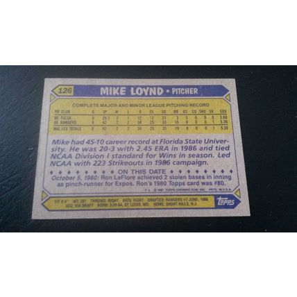 1987 Topps Card # 126 Mike Loynd Excellent (5) Texas Rangers