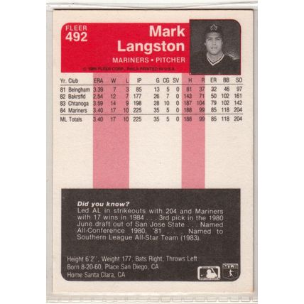 1985 Fleer Mark Langston baseball Rookie card #492– Mariners RC