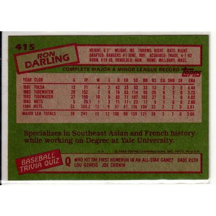 1985 Topps Ron Darling rookie baseball card #415 – Mets RC