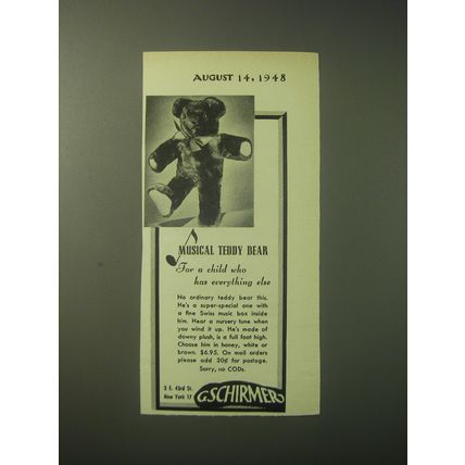 1948 Schirmer's Musical Teddy Bear Ad - For a child who has everything