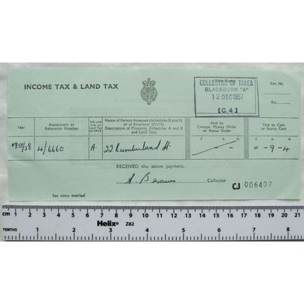 1957 receipt Land Tax, 22 Cumberland Street, Blackburn