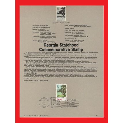 ZAYIX - 1988 U.S. Souvenir Page #SP803 / 2339 - Georgia Statehood / Tree