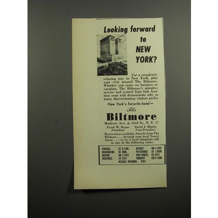 1952 The Biltmore Hotel Advertisement - Looking forward to New York?