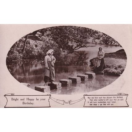 Stepping Stones Lady Refuses To Cross River Real Photo Greetings Postcard