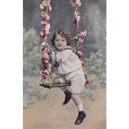 Childrens Swing Made Of Flowers Old Real Photo Postcard