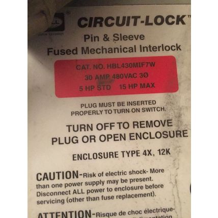 HUBBELL HBL430MIF7W,PLUG, CIRCUIT LOCK PIN & SLEEVE FUSED INTERLOCK,Ae