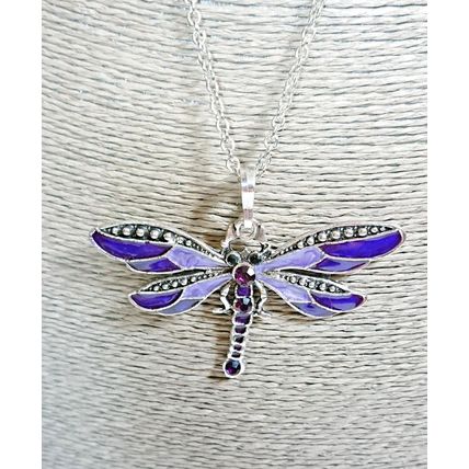 Silver Purple Butterfly Dragonfly Crystal Diamante Rhinestone Pendant Necklace