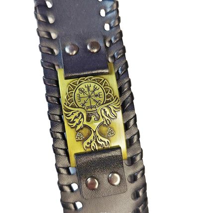 Fuax Leather Cuff Viking Theme Metal Plate with Raven and Aegishjalmr Bracelet