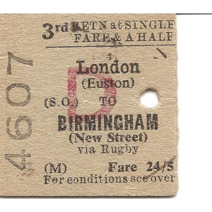 B.T.C. Edmondson Ticket - London Euston to Birmingham New Street via Rugby