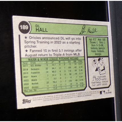 TOPPS HERITAGE 2023 DL HALL ROOKIE CARD #189