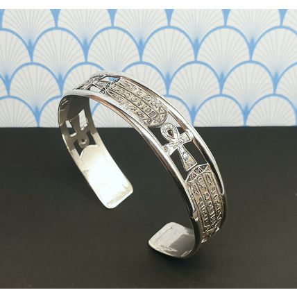 Vintage Egyptian Hallmarked 800 Fine Silver Ankh and Cartouche Cuff Bracelet