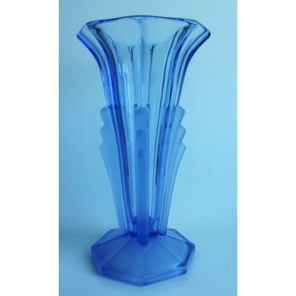 French Art Deco Blue Glass Part Frosted Vase.