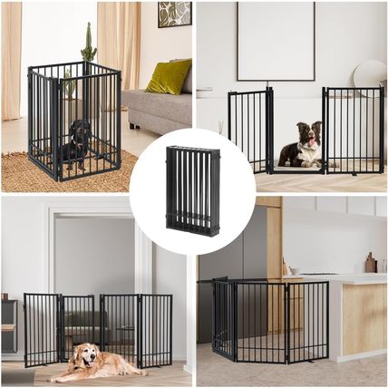 Metal Freestanding Dog Gate with Door, Extra Wide 81", 31" Height Foldable Dog G
