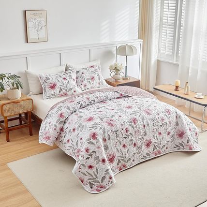 Flysheep Botanical Quilt Set King Size 3 Pieces, Blush Pink and Grey Flowers Pri