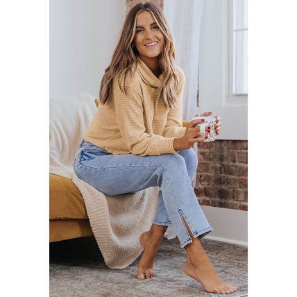 Apricot Solid Waffle Knit Turtleneck Long Sleeve Top