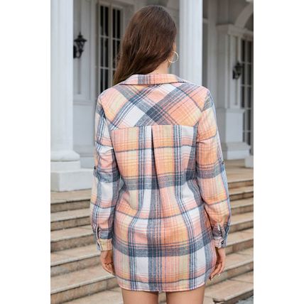 Pink Plaid Roll-tab Sleeve Side Slit Shirt Dress