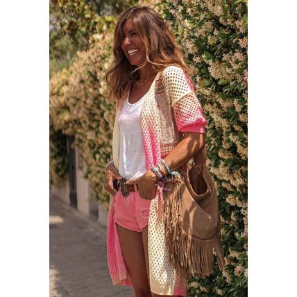 Pink Ribbed Short Sleeve Ombre Eyelet Knitted Cardigan