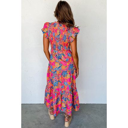 Rose Red Boho Floral V Neck Ruffle Tiered Long Dress