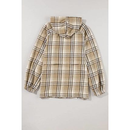 Khaki Printed Zipped Front Pullover Plaid Hoodie