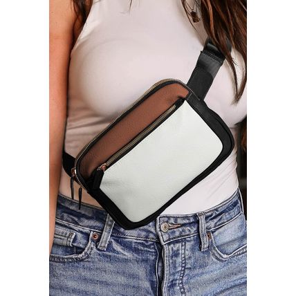 White Leather Colorblock Zipped Removable Clip Crossbody Bag