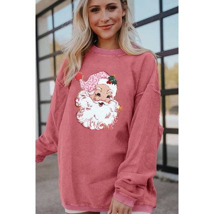 Strawberry Pink Santa Claus Sparkle Corded Crew Neck Sweatshirt