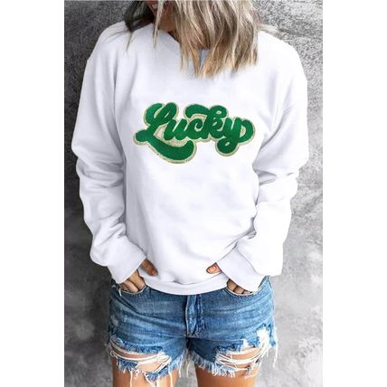 White Shiny Trim Chenille Lucky Pattern Sweatshirt