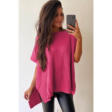 Rose Red Short Sleeve Side Slit Oversized Sweater