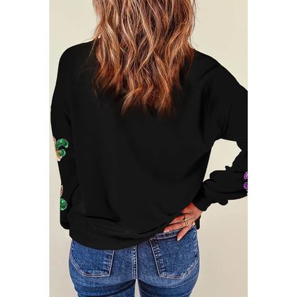 Black Sequin Mardi Gras Graphic Pullover Sweatshirt