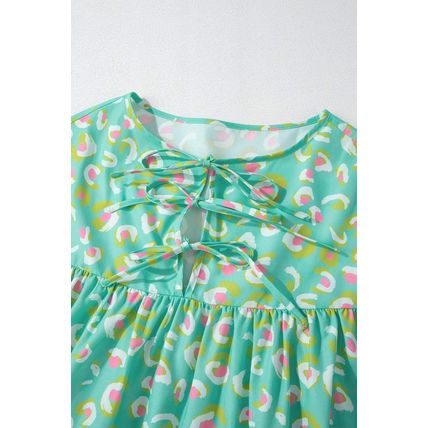 Green Abstract Printed Lace-up Lantern Sleeve Babydoll Blouse