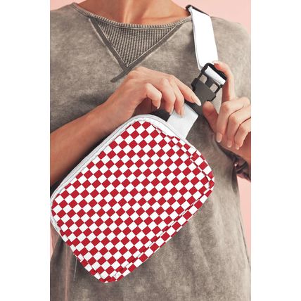 Fiery Red Checkered Print Zipped Buckle Strap Crossbody Bag
