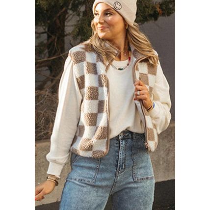 Khaki Checkered Sherpa Collared Jacket Vest