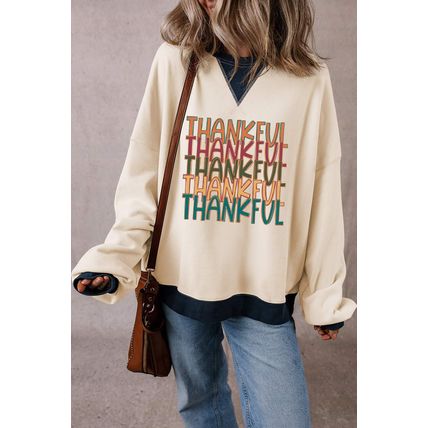 White THANKFUL Graphic Colorblock Edge Oversized Thanksgiving Sweatshirt