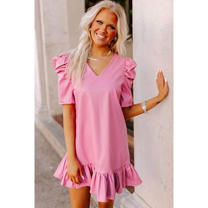 Sachet Pink Pleather Bubble Short Sleeve V Neck Ruffled Hem Mini Dress