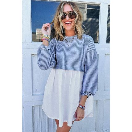 Sky Blue Stripe Patchwork Pleated High Waist Loose Mini Dress