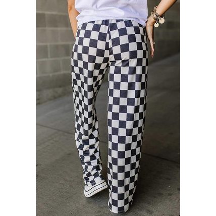 Black 2-Tone Checked Print High Waist Wide Leg Pants