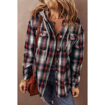 Red Plaid Print Chest Pocket Buttoned Hooded Shacket
